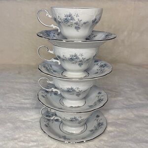 Johann Haviland Bavaria Germany Blue Garland Footed Teacups & Saucers, set of 4
